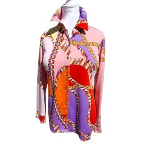 Julian Chang Designer Multicolor  Button-up Long Sleeve Blouse Women Size Medium